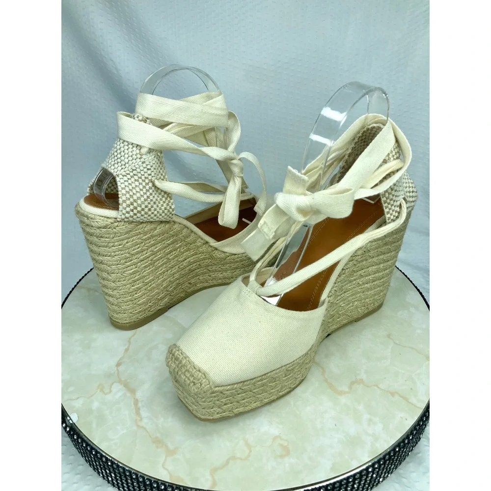 Polo Ralph Lauren Canvas Lace Up Espadrille Wedge Sandals Womens Sz 9 Ivory NWT